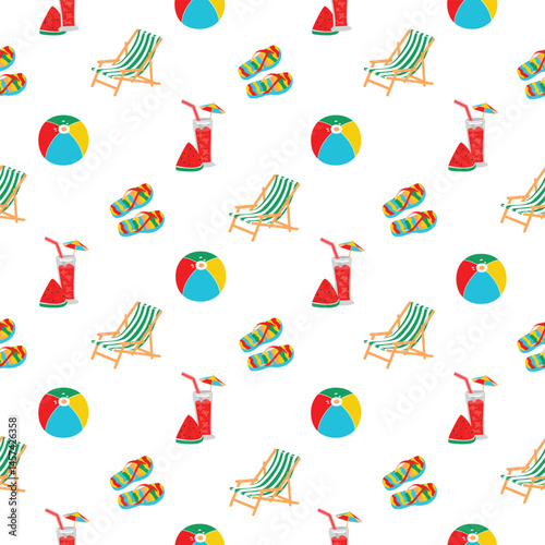 Summer vacation seamless pattern with watermelon fruit and drink, beach chair, flip flops, inflatable ball. Red, blue,green and yellow colors on white background. Vector design for textile, wallpaper