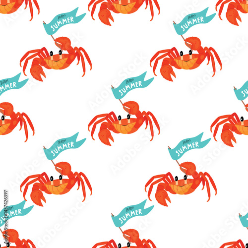 Hello summer seamless pattern with cartoon crab. Funny sea ​​animal character  holds a flag with text in its claw. Blue, orange and yellow colors on a white background. Vector design for textile