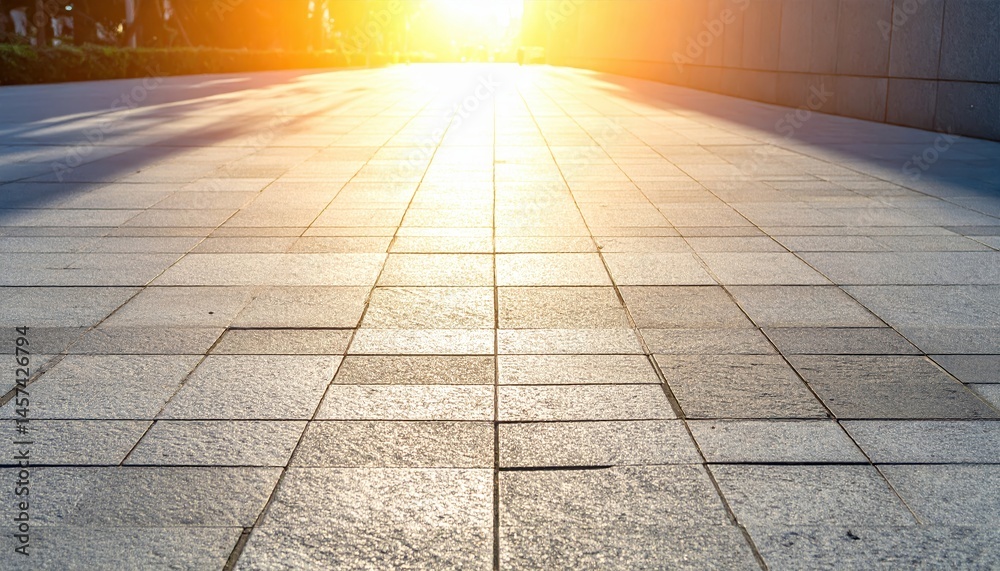 Fototapeta premium Golden light illuminates a cobblestone path, suggesting a peaceful, reflective moment during a tranquil autumn evening.