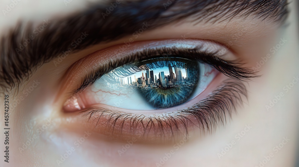 Close-up view of a person's eye reflecting a city skyline. Close-up view of a person's eye reflecting a city skyline.
