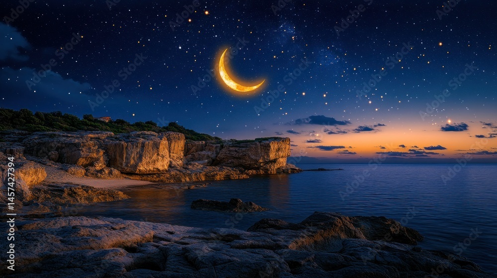 Naklejka premium Nighttime coastal scene, crescent moon, starry sky