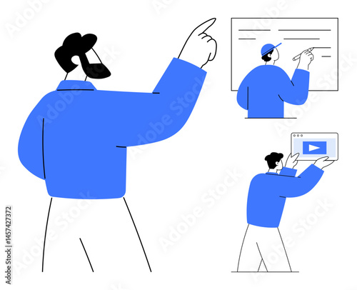 Professionals presenting and brainstorming ideas using whiteboards and digital tools. Ideal for collaboration, teamwork, education, presentation, business strategy, training, simple landing page