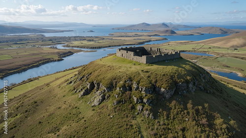 Dun Nosebridge multivalate prehistoric Iron Age fort hillfort above the River Laggan, Islay, Inner Hebrides, Scotland. Aerial. Looking East