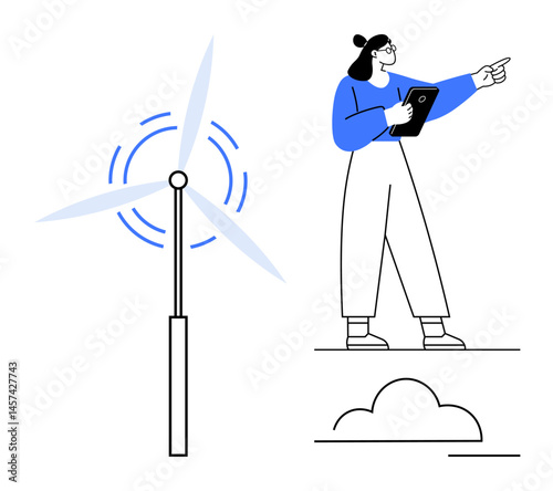 Woman with tablet pointing at operational wind turbine with moving blades and abstract cloud drawing. Ideal for renewable energy, sustainability, environment, innovation, science, eco-technology