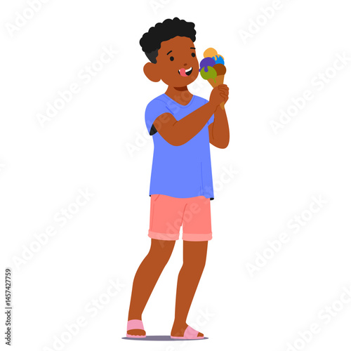 Preteen boy child cartoon character licking lips in anticipation of eating sweet ice-cream snack