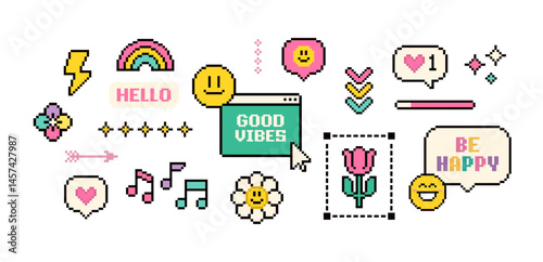 Pixel game elements and stickers of Good Vibes 90's aesthetics. 8-bit retro computer game background. Y2k 
 Simple geometric forms. Playful Pixel Icons pack 
