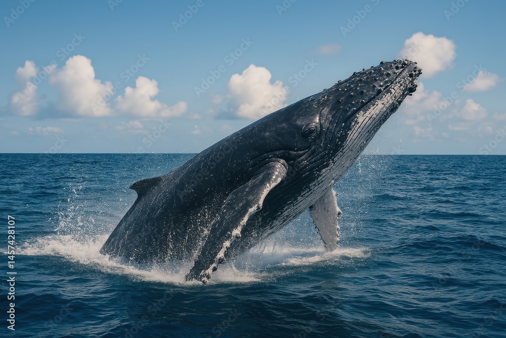 Obraz premium Majestic whale breaching ocean waves.