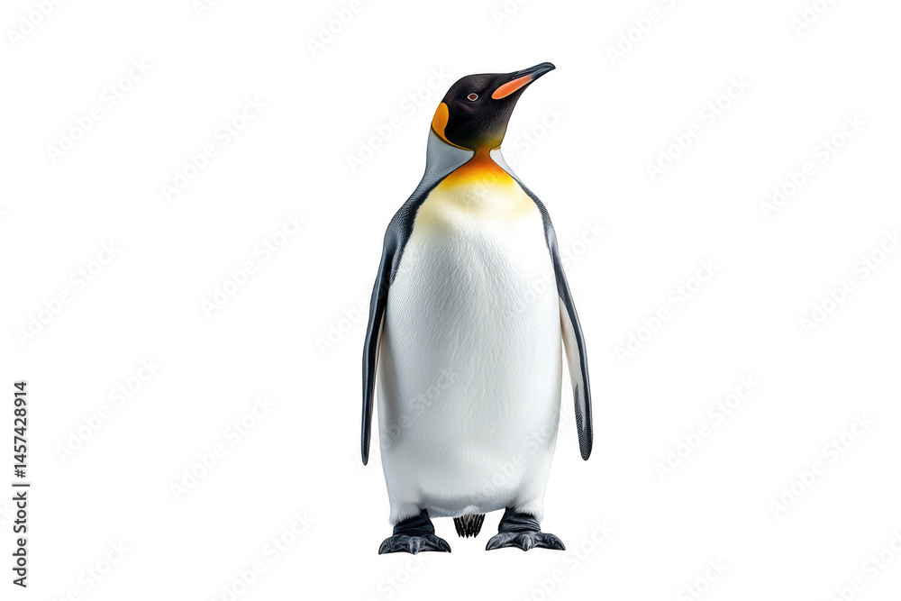 Fototapeta premium Standing emperor penguin looking up on transparent background