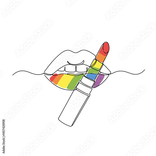 Lips with Rainbow Lipstick Applying Colorful Makeup Against White Background  
