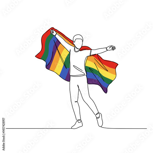 Dancing person with pride flag cape celebrating joy against white background  