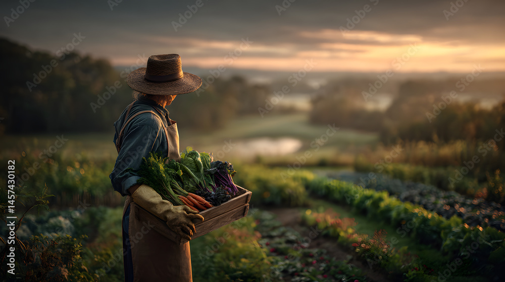 Fototapeta premium Organic Farmer Harvesting Fresh Produce at Sunrise