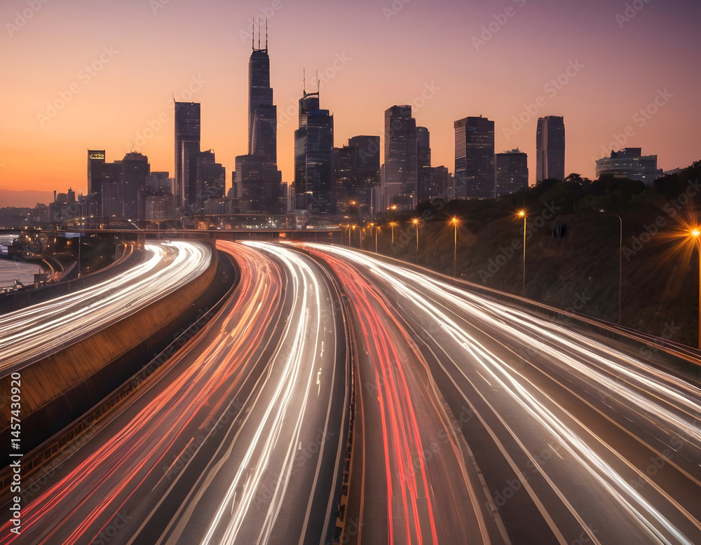 Obraz premium The motion blur of a busy urban highway during the evening rush hour. The city skyline serves as the background