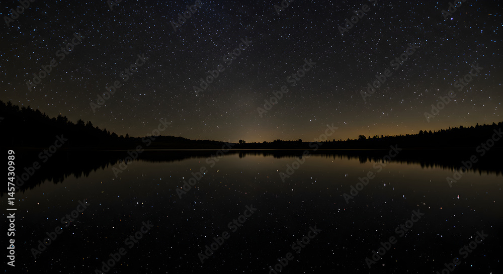 Starlit Serenity Nightscape Over Tranquil Lake Forest Reflection Starlit Serenity Nightscape Over Tranquil Lake Forest Reflection