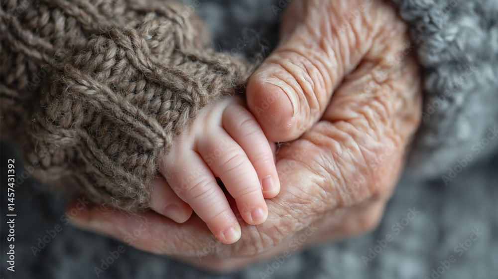 Fototapeta premium Manos de anciano y bebé entrelazadas en gesto de ternura