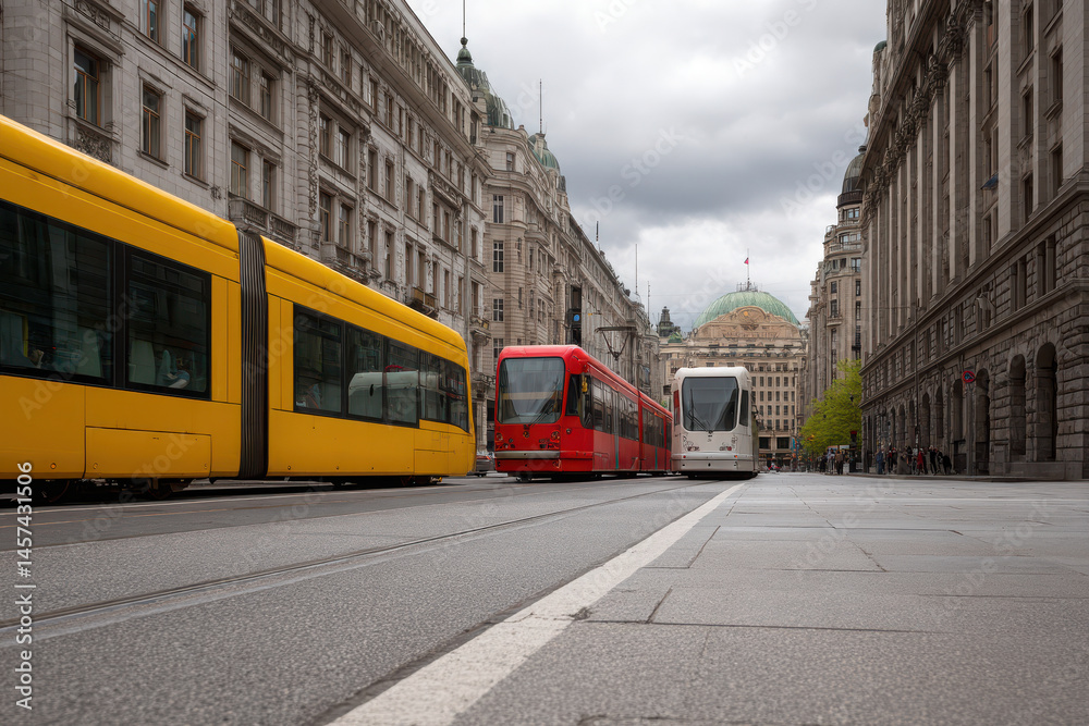 Fototapeta premium vibrant city scene featuring modern trams gliding through bustling urban environment