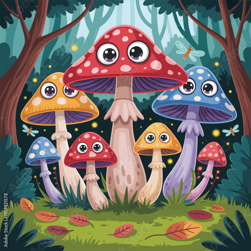 Whimsical Cartoon Mushrooms in Enchanted Forest