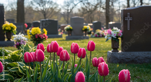 Fototapeta Naklejka Na Ścianę i Meble -  Pink Tulips Blooming in Cemetery with Headstones Floral Tribute on Green Lawn and Diffused Sunlight