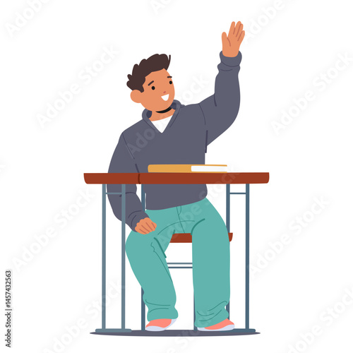 Elementary age boy student cartoon character raising hand up sitting at class desk isolated on white