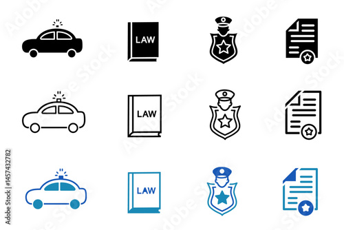 Law and justice solid line icons set. Vector illustration of Legal documents. Law, judgement, prison, justice, court legal, lawyer, criminal icons. Web and mobile app icons
