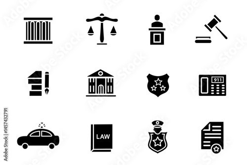 Law and justice solid black icons set. Vector illustration of Legal documents. Law, judgement, prison, justice, court legal, lawyer, criminal icons. Web and mobile app icons
