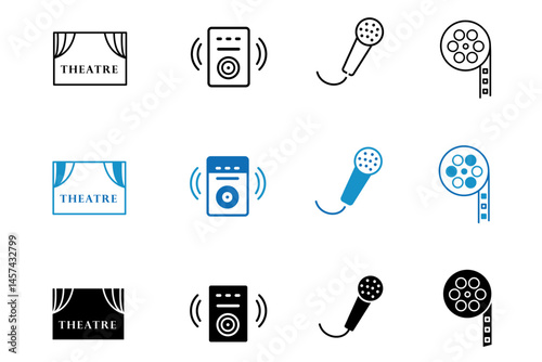 Arts solid line editable set. Movie and Film icons. Vector illustration of  video, movie theater, 3d, VR, popcorn, ticket, director, soundtrack icons. 