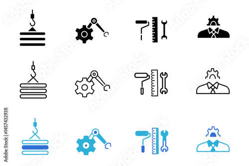 Engineering solid line icon set. Vector illustration of  blueprint, engineer, engineering technology, design, project, production, construction, manufacturing icons