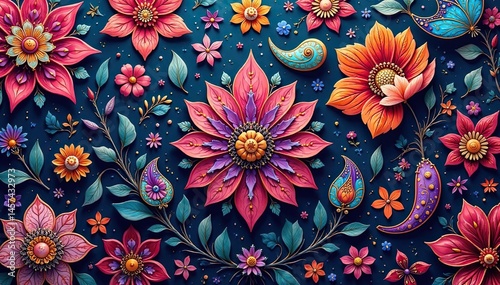 Intricate paisley floral pattern in vibrant hues, repeat, nature