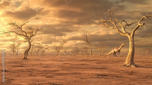 Plateosaurus dinosaur in arid prehistoric landscape