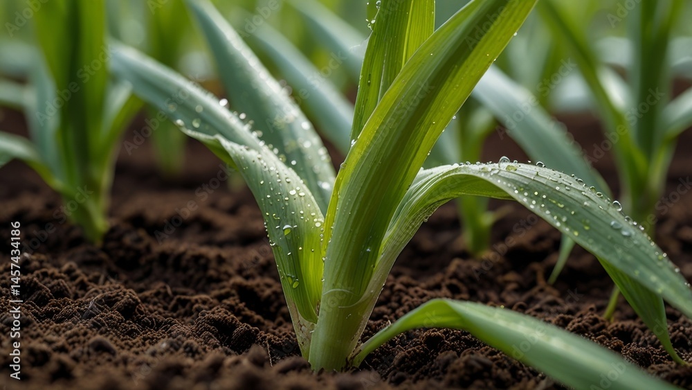 Obraz premium Young Green Seedlings with Water Droplets Growing in Rich Moist Soil