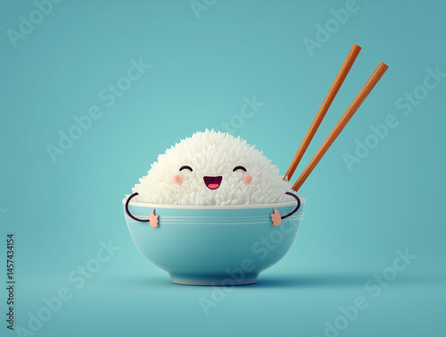 Happy rice bowl with cartoon face and chopsticks on blue background
