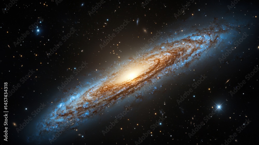 Fototapeta premium A magnificent spiral galaxy is observed with bright yellow and blue hues, surrounded by countless stars against the dark backdrop of space, creating a mesmerizing cosmic spectacle