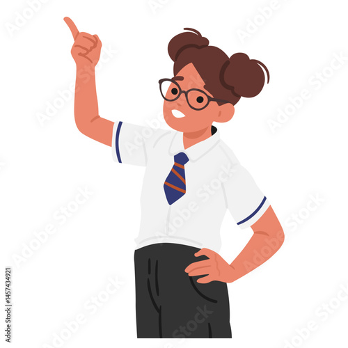Clever nerd girl cartoon geek student character wearing uniform pointing finger up isolated on white
