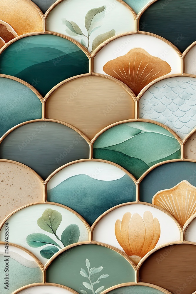Artistic collection of decorative trays with nature-inspired patterns and earthy tones arranged in overlapping semi-circles Artistic collection of decorative trays with nature-inspired patterns and earthy tones arranged in overlapping semi-circles