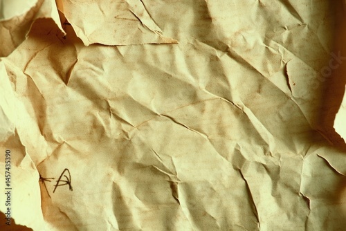 Crinkled, aged parchment paper texture.  Wrinkled, discolored, and uneven surface, with traces of writing
