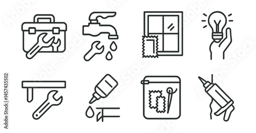 Line style icons of household repair skills: toolset box, leaking tap fix, draft window patch, light bulb change, shelf tightening, furniture glue icon, DIY patch kit, wall sealant.