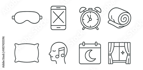 Line style icons of sleep hygiene for teens: sleep mask, no screen before bed, alarm clock, cozy blanket, pillow icon, relax music symbol, bedtime chart, room darkness icon.