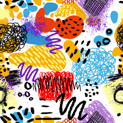 Fun colorful line doodle seamless pattern. Creative abstract art background.