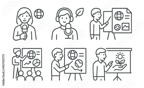 Line style icons of climate communication: climate journalist, eco podcaster, sustainability content creator, visual explainer artist, climate news article, infographic board, community presentation,