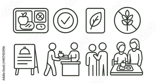 Line style icons of inclusive meal access: allergy-safe tray, halal label, vegan meal card, no-gluten option, labeled menu board, student choice line, peer helper icon, teacher-supervised meal.