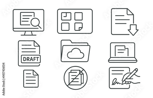 Line style icons of paper reduction habits: print preview icon, digital notes board, double-sided printing, draft mode label, cloud doc folder, paperless workflow, no unnecessary copies badge, sign