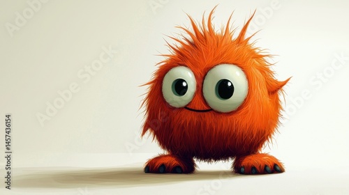 An adorable orange creature with fluffy fur and big round eyes stands on all fours, showcasing its playful nature in a simple indoor setting