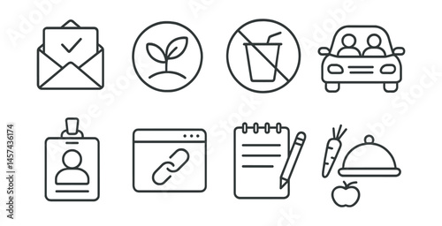 Line style icons of eco meetings and events: digital invite icon, plant-based snacks badge, no single-use sign, carpool to venue, reusable name tag, online access link, shared notepad app, waste-free