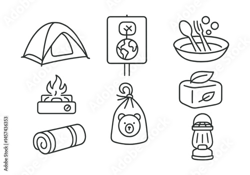 Line style icons of sustainable hiking and camping: lightweight tent, leave-no-trace sign, reusable dish set, biodegradable soap, camp stove, food bear bag, compact sleeping pad, solar lantern.