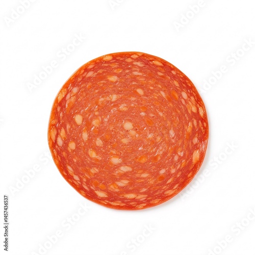 Slice of pepperoni isolated on a white background. Spicy sausage, pizza ingredient