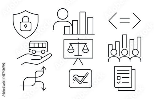 Line style icons of digital mobility ethics: privacy shield badge, anonymous travel data chart, fair access icon, open algorithm symbol, mobility rights board, crowding transparency chart, ethical