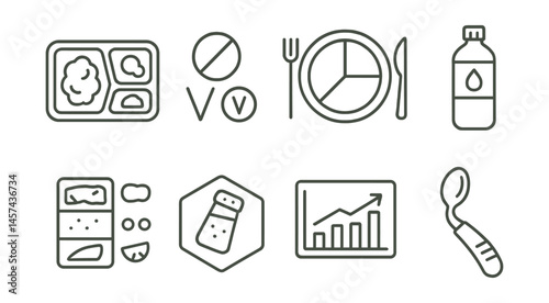 Line style icons of nutritional needs in older age: soft food tray, vitamin icon, portion control plate, hydration bottle, food texture guide, low-salt label, fiber chart, mealtime assist tool.