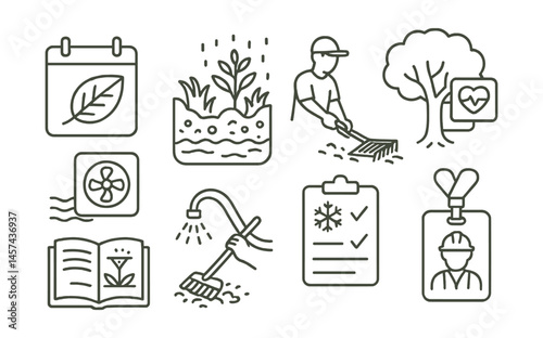 Line style icons of green infrastructure maintenance: leaf removal schedule, bioswale clearing icon, tree health monitor, water flow sensor, cleaning storm grates, seasonal audit sheet, irrigation