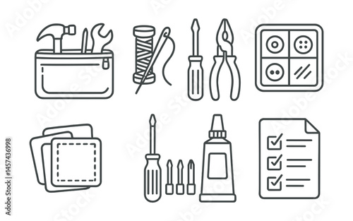 Line style icons of DIY repair kits: basic tools pouch, needle and thread set, screwdriver and pliers, spare button box, patch fabric squares, multi-head screwdriver, glue tube icon, repair checklist