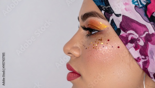 A woman with bold makeup and a patterned headwrap gazes forward, radiating confidence against a soft, neutral backdrop.