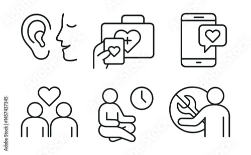 Line style icons of supporting friends in need: active listening ear, offer help card, emotional first aid icon, check-in message screen, safe presence symbol, friend needs time icon, no fixing badge